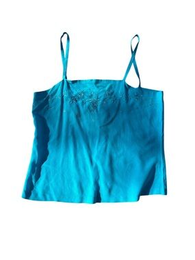 Vintage Silk Embroidered Cami Top Made in Shanghai Aqua Spaghetti Strap S/M